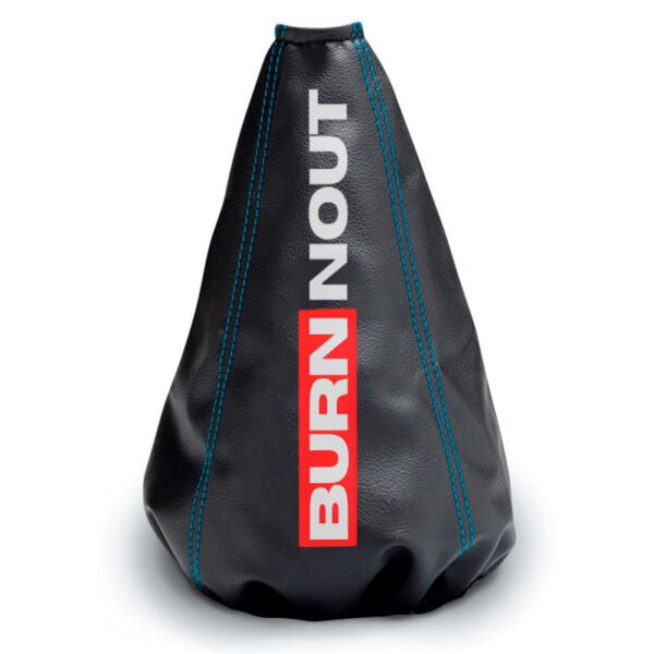 Funda Palanca Cambios BURNNOUT – Cuero PU Negro, Costuras Azul Racing, Universal